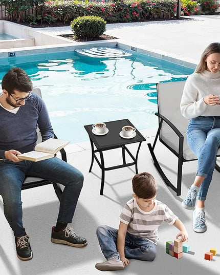 Shintenchi Outdoor 3 Piece Rocking Bistro Set, Wicker Patio Outdoor Furniture Porch Chairs Conversation Sets with Glass-Top Coffee Table for Backyard Porch Poolside Lawn, Garden,Gray - LeafyLoom