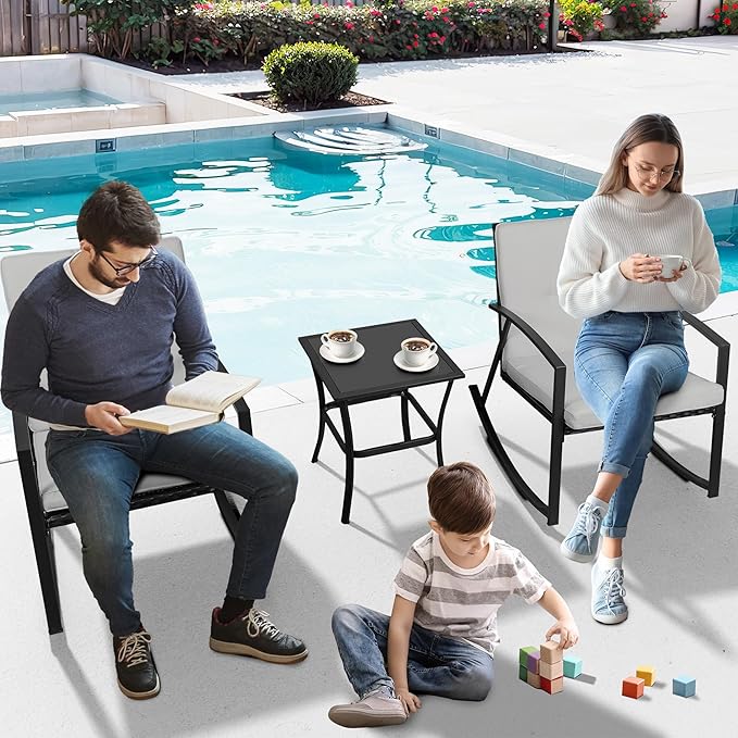Shintenchi Outdoor 3 Piece Rocking Bistro Set, Wicker Patio Outdoor Furniture Porch Chairs Conversation Sets with Glass-Top Coffee Table for Backyard Porch Poolside Lawn, Garden,Gray - LeafyLoom