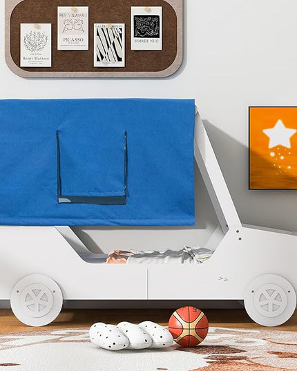 Full Size Race Jeep Car Bed Platform Bed with Tent Canopy and Wheels,Wood Bed Frame W/Raised Bed Design,for Kids Boys Girls Teens,White - LeafyLoom