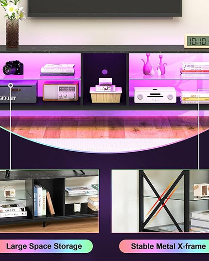 Clikuutory 63 Inch Marble Texture TV Stand with LED Lights for 40 50 55 60 65 70 Inch TVs, 3Tier Modern Metal Television Stands with Entertainment Center and Storage for Living Room, Bedroom, Black - LeafyLoom