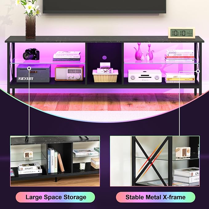 Clikuutory 63 Inch Marble Texture TV Stand with LED Lights for 40 50 55 60 65 70 Inch TVs, 3Tier Modern Metal Television Stands with Entertainment Center and Storage for Living Room, Bedroom, Black - LeafyLoom