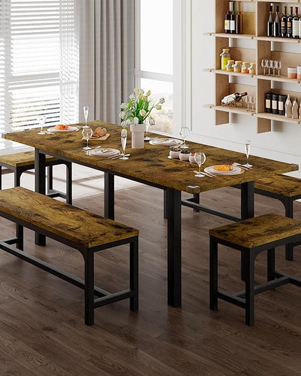 Feonase 5-Piece Dining Table for 4-8 People, 63" Extendable Kitchen Table Set with 2 Benches & 2 Square Stools, Dining Room Table with MDF Wood Board, Easy Clean, Rustic Brown - LeafyLoom