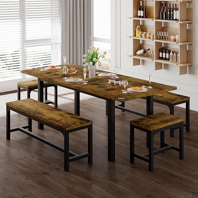 Feonase 5-Piece Dining Table for 4-8 People, 63" Extendable Kitchen Table Set with 2 Benches & 2 Square Stools, Dining Room Table with MDF Wood Board, Easy Clean, Rustic Brown - LeafyLoom