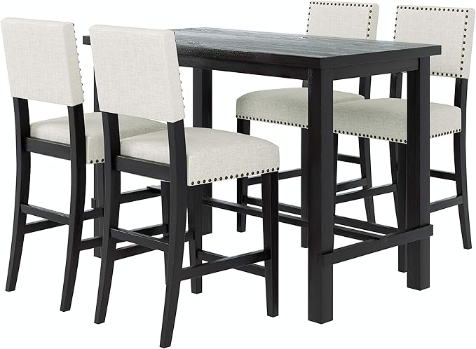 5 Piece Wooden Counter Height Dining Table Set with 4 Padded Chairs with Nailhead Trim for Kitchen, Breakfast Nook, Bar, Espresso + Beige - LeafyLoom