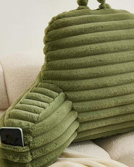 WERDIM Reading Pillow for Sitting in Bed, Faux Fur Back Pillow for Bed Rest, Bed Chair Pillow with Arms and Pockets(Large, Sage) - LeafyLoom
