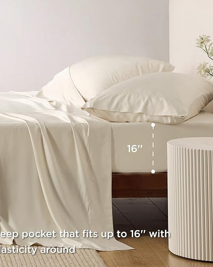 Bedsure Queen Sheets, Rayon Derived from Bamboo, Queen Cooling Sheet Set, Deep Pocket Up to 16", Breathable & Soft Bed Sheets, Hotel Luxury Silky Bedding Sheets & Pillowcases, Light Beige - LeafyLoom