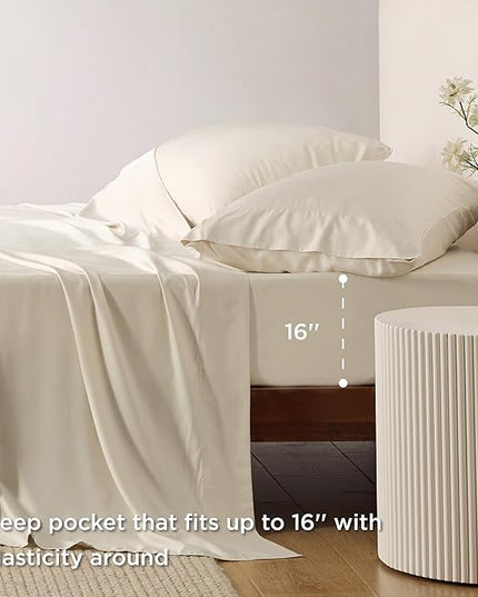 Bedsure King Size Sheet Set, Cooling Sheets King, Rayon Derived from Bamboo, Deep Pocket Up to 16", Breathable & Soft Bed Sheets, Hotel Luxury Silky Bedding Sheets & Pillowcases, Light Beige - LeafyLoom