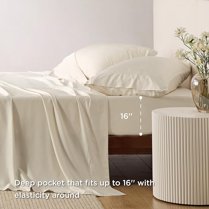 Bedsure King Size Sheet Set, Cooling Sheets King, Rayon Derived from Bamboo, Deep Pocket Up to 16", Breathable & Soft Bed Sheets, Hotel Luxury Silky Bedding Sheets & Pillowcases, Light Beige - LeafyLoom