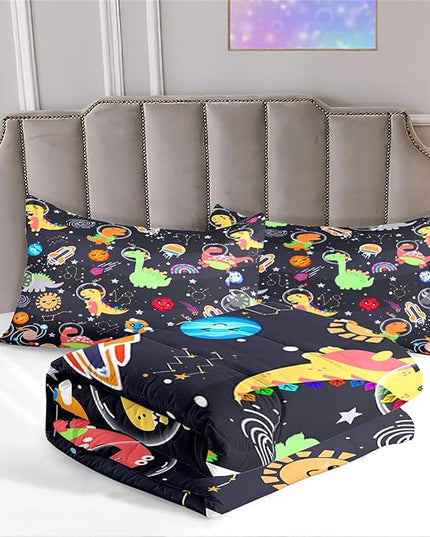 Boys Dinosaur Comforter Set Queen Size, 3Pcs Black Cartoon Dinosaur Bedding Set for Girls Kids Adults Bedroom Decor, Boys Comforter Set for All Season, Lightweight, 1 Quilt with 2 Pillowcases - LeafyLoom