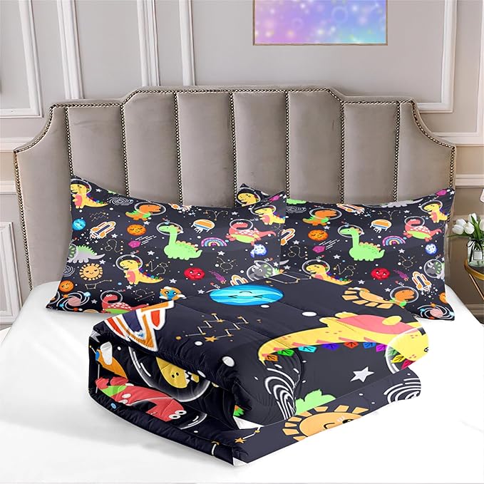 Cartoon Dinosaur Comforter Set - Boys Full Size Dinosaur Bedding Set for Bedroom Dinosaur Quilt with 2 Pillowcases for Kids Girls Boys Room Decor Lightweight Dino Comforter for All-Season, 3 Pieces - LeafyLoom