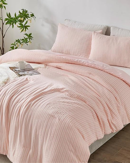 ENCOFT Light Pink King Size Comforter Set, 3 Piece Textured Striped Comforter Set King, Soft Microfiber Lightweight White and Pink Comforter King Bed Set, with 2 Pillowcases, 104x90 Inches - LeafyLoom