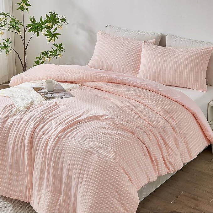 ENCOFT Light Pink King Size Comforter Set, 3 Piece Textured Striped Comforter Set King, Soft Microfiber Lightweight White and Pink Comforter King Bed Set, with 2 Pillowcases, 104x90 Inches - LeafyLoom