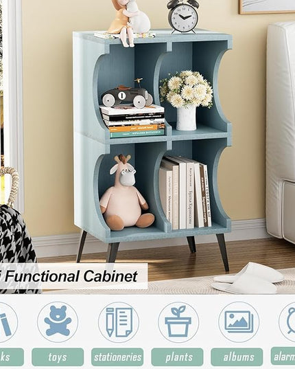 Bookcase 4 Cube Bookshelf,Blue Open Cube Small Book shelf Circle Arc Storage Shelf Display Cabinet Organizer,2 Tiers Modern Wooden Bookcase with Cubby Storage for Living Room,Bedroom,Office - LeafyLoom