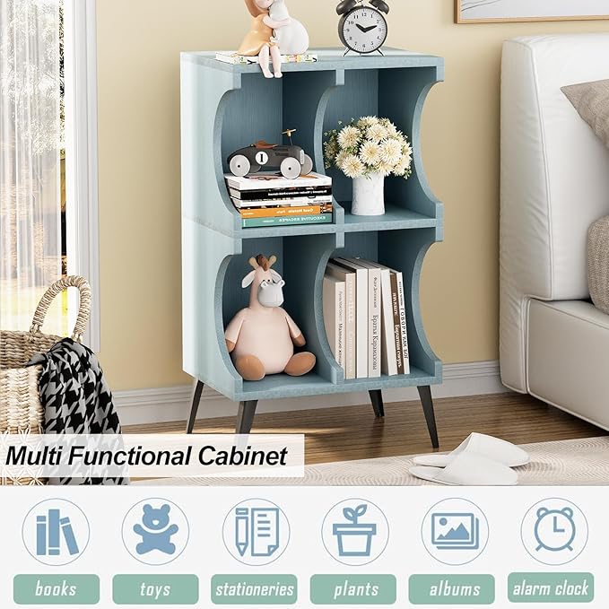 Bookcase 4 Cube Bookshelf,Blue Open Cube Small Book shelf Circle Arc Storage Shelf Display Cabinet Organizer,2 Tiers Modern Wooden Bookcase with Cubby Storage for Living Room,Bedroom,Office - LeafyLoom
