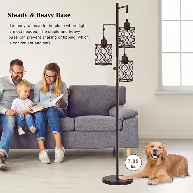68" Farmhouse floor lamp, Dimmable Industrial Floor Lamps for Living Room, 3 Light Rustic Standing Tall Lamp Including 3 PCS 6W E26 Bulbs, Tree Floor Lamp for Bedrooms Room, Office, Bar, Brown - LeafyLoom