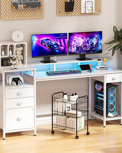 Furologee White Computer Desk with Drawers, 60" Office Long Desk with Fabric File Cabinet and Power Outlets, Gaming Desk with LED Lights, Study Writing Work Desk for Home Office, White - LeafyLoom