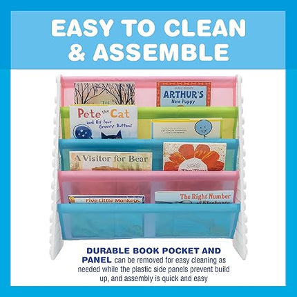 UNiPLAY Kids 4-Tier Book Storage Organizer with Sling Book Pockets, Plastic Sling Rack Bookshelf for Playroom, Fits Blocks, White/Pastel - LeafyLoom