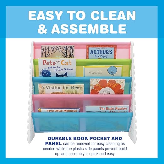 UNiPLAY Kids 4-Tier Book Storage Organizer with Sling Book Pockets, Plastic Sling Rack Bookshelf for Playroom, Fits Blocks, White/Pastel - LeafyLoom