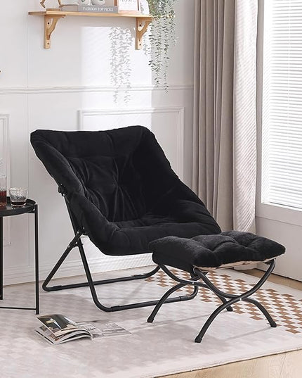 Tiita Saucer Chair with Ottoman, Soft Faux Fur Oversized Folding Accent Chair,Lounge Lazy Chair, Metal Frame Moon Chair for Bedroom, Living Room, Dorm Rooms, Garden and Courtyard - LeafyLoom