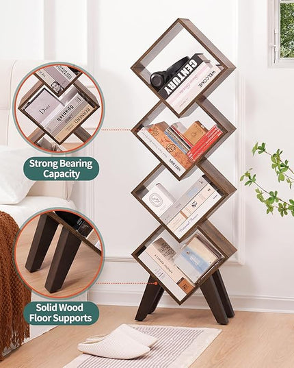 Yoobure Small Bookshelf, Tall 4-Tier Book Shelf, Wood Bookcase Book Organizer, Industrial Bookshelves Floor Standing for CDs/Books in Small Spaces, Bedroom, Living Room, Home Office - LeafyLoom