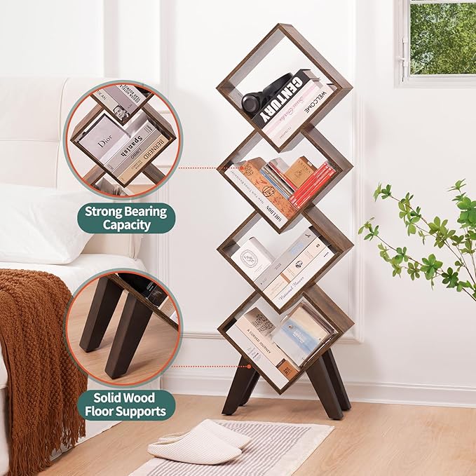 Yoobure Small Bookshelf, Tall 4-Tier Book Shelf, Wood Bookcase Book Organizer, Industrial Bookshelves Floor Standing for CDs/Books in Small Spaces, Bedroom, Living Room, Home Office - LeafyLoom