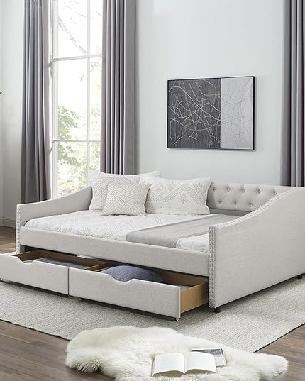 Full Size Upholstered Daybed with Two Storage Trundle Drawers, Wooden Sofa Bed w/Button Tufted Backrest and Waved Shape Arms, No Box Spring Needed, for Living Room, Bedroom, Dorm, Beige - LeafyLoom