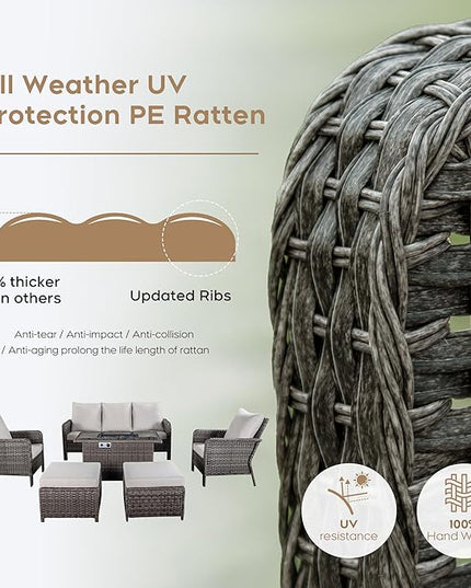 Yechen Patio Conversation Set 7 Seats with 44" Propane Gas Fire Pit Table - 6 Pcs Outdoor Wicker Furniture Set with Lid & Wind Shields - Sectional Sofa Set for Porch,Backyard - LeafyLoom