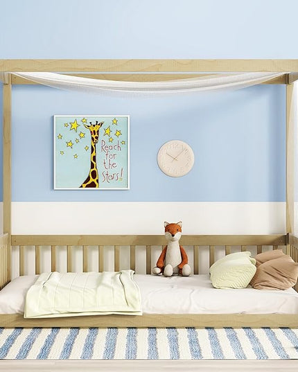 Full Size Canopy Bed Frame with Guardrails for Kids,Floor Bed Full with Four Poster Design,Kids Montessori Floor Bed,Wood Canopy Bed Frame for Girls,Boys(Full,Natural) - LeafyLoom
