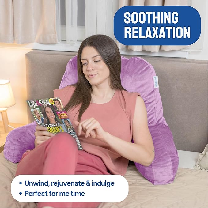 ComfortSpa Reading Pillow for Bed Adult Size, Back Rest Pillow with Arms, Pockets and Washable Cover; Use as a Back Pillow for Sitting in Bed for Bedrest or Relief from GERD Heartburn (Lavender) - LeafyLoom