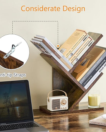 Tajsoon Tree Bookshelf 3 Tier Book Storage Organizer Shelves, Desktop Bookshelf Floor Standing Bookcase Display for CDs/Magazine/Books, Small Bookshelf for Bedroom, Living Room Office, Rustic Brown - LeafyLoom