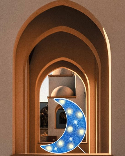 LED Moon Marquee Lights, Glitter LED Lighted Moon Lamp Decoration, Battery Operated Crescent Moon Night Light for Ramadan Home Table Baby Shower Party Decor, Shiny Blue Moon - LeafyLoom