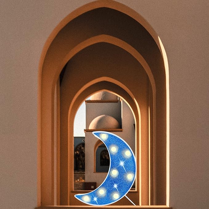 LED Moon Marquee Lights, Glitter LED Lighted Moon Lamp Decoration, Battery Operated Crescent Moon Night Light for Ramadan Home Table Baby Shower Party Decor, Shiny Blue Moon - LeafyLoom