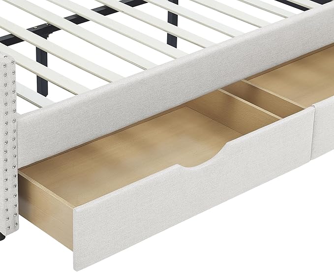 Full Size Upholstered Daybed with Two Storage Trundle Drawers, Wooden Sofa Bed w/Button Tufted Backrest and Waved Shape Arms, No Box Spring Needed, for Living Room, Bedroom, Dorm, Beige - LeafyLoom