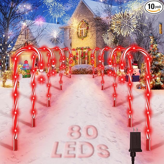 AOSEA Christmas Candy Cane Lights, Upgraded 80 Red LEDs Christmas Decorations Outdoor&Indoor, 10 Pack Waterproof Christmas Lights with 8 Lighting Modes for Pathway, Yard, Walkway, Lawn, Garden Decor AOSEA