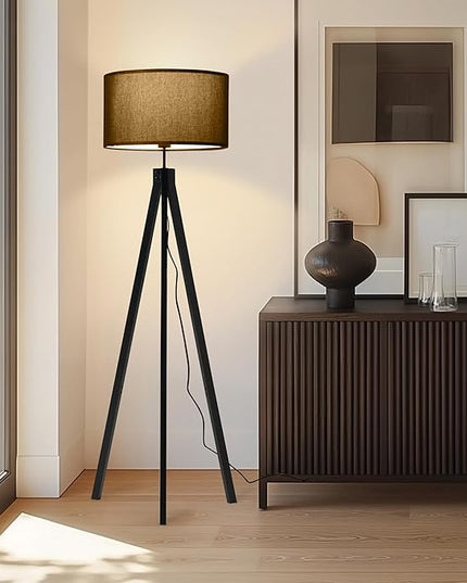 Brightech Eden Tripod LED Floor Lamp – Mid Century Dimmable Modern Light for Contemporary Living Rooms - Tall Free Standing Lamp with Solid Wood Legs for Bedroom, Office - Classic Black - LeafyLoom