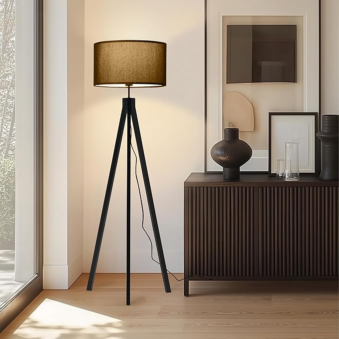 Brightech Eden Tripod LED Floor Lamp – Mid Century Dimmable Modern Light for Contemporary Living Rooms - Tall Free Standing Lamp with Solid Wood Legs for Bedroom, Office - Classic Black - LeafyLoom
