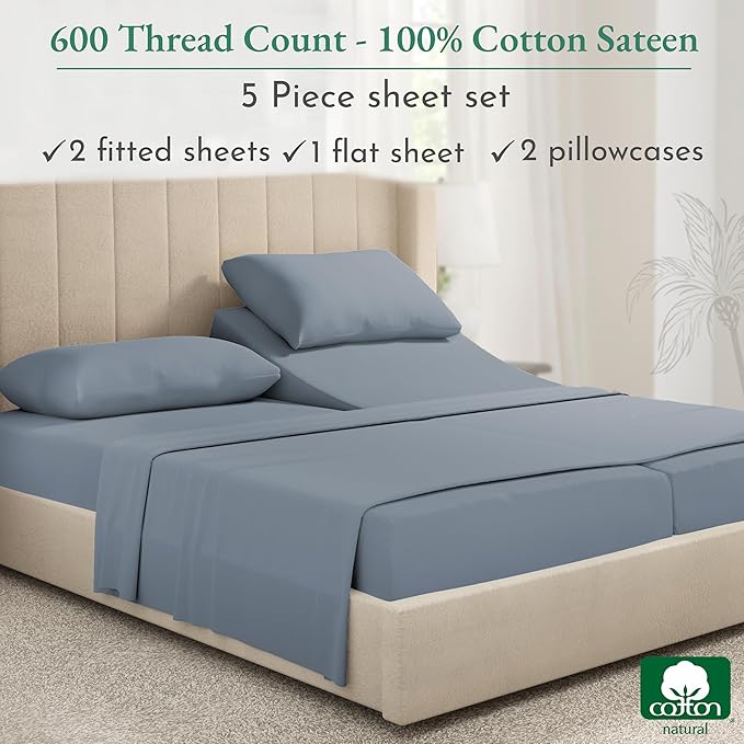 California Design Den Split King Sheet Set - 100% Cotton, 600 Thread Count, Breathable Luxury King Size Sheets for Adjustable Bed, Luxury Soft Hotel-Quality Sheets with Sateen Weave - Pastel Blue - LeafyLoom