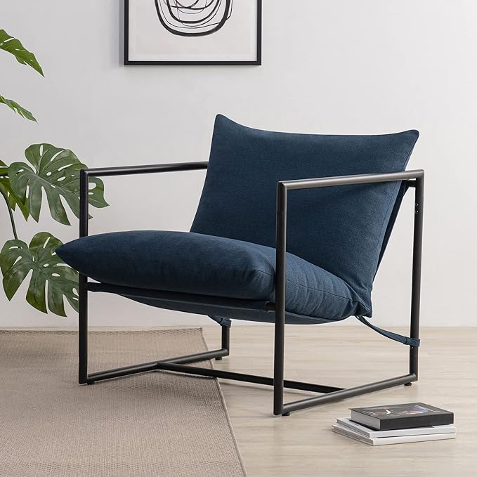 ZINUS Aidan Sling Accent Chair / Metal Framed Armchair with Shredded Foam Cushioning, Navy - LeafyLoom