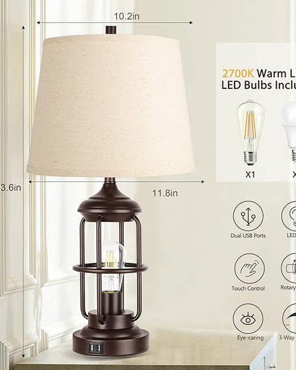 QiMH Table Lamp for Living Room with USB Ports, Touch Control 3-Way Dimmable Bedside Lamp with LED Night Light, Farmhouse Rustic Nightstand Lamp Bedroom Decor(2700K Bulbs Included) - LeafyLoom