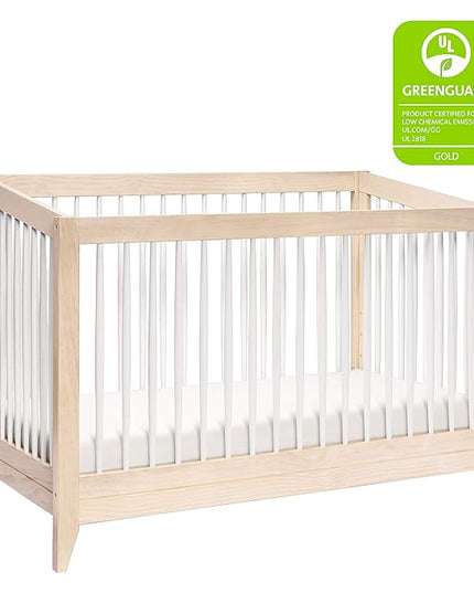 Babyletto Sprout 4-in-1 Convertible Crib with Toddler Bed Conversion Kit in Washed Natural and White, Greenguard Gold Certified - LeafyLoom