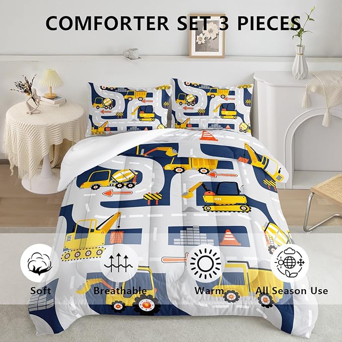 Axolotl Cartoon Excavator Bedding Set Full,Tractor Truck Bedding Set,Boys Construction Bedding Set,Yellow Vehicles Truck Comforter Construction Site Decor for Kids Boys Teens,1 Quilt 2 Pillowcases - LeafyLoom