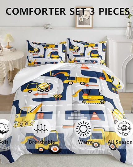 Axolotl Cartoon Excavator Bedding Set Queen,Tractor Truck Bedding Set,Boys Construction Bedding Set,Yellow Vehicles Truck Comforter Construction Site Decor for Kids Boys Teens,1 Quilt 2 Pillowcases - LeafyLoom