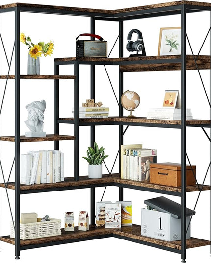 Shintenchi 5 Tiers Corner Bookshelf, 70.86" Tall L-Shaped Bookcase, Large Corner Etagere Bookcase, Corner Shelf Display Storage Rack with Metal Frame for Living Room Home Office, Rustic Brown - LeafyLoom