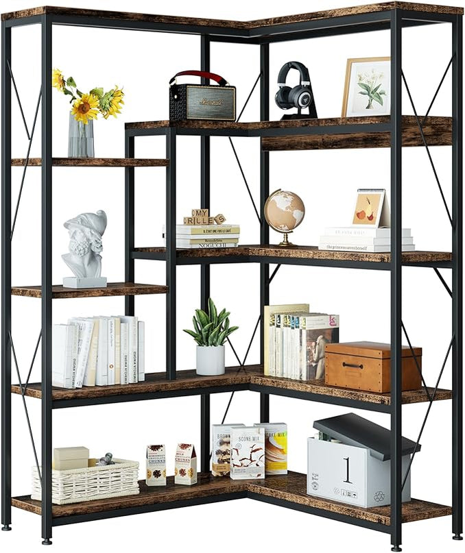 Shintenchi 5 Tiers Corner Bookshelf, 70.86" Tall L-Shaped Bookcase, Large Corner Etagere Bookcase, Corner Shelf Display Storage Rack with Metal Frame for Living Room Home Office, Rustic Brown - LeafyLoom