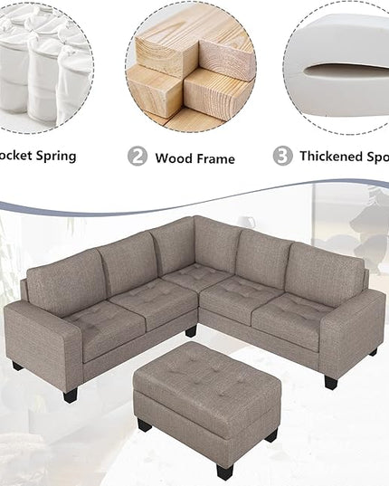 Sectional Couch Modular 5 Seater, Combination Corner, Linen L-Shaped Sofa, Saving Design with Storage Footrest and Cup Holder, for Large Space Dormitory Apartments, Brown - LeafyLoom