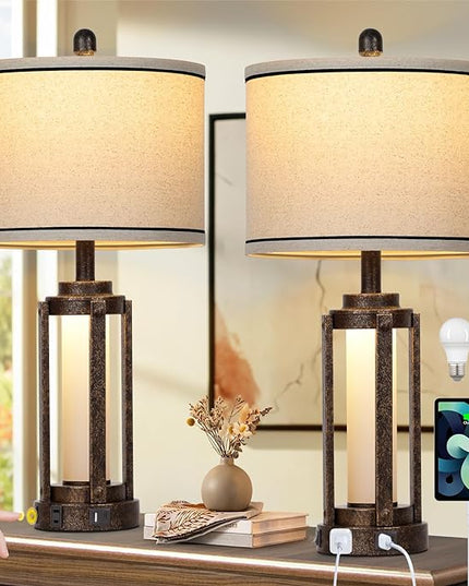 26" Farmhouse Table Lamps Set of 2, Vintage Rustic Industrial Beside Lamps with USB A+C Charging Ports & AC Outlet, Nightstand Lamp with Glass Night Light & Linen Fabric Shade for Living Room Bedrooms - LeafyLoom