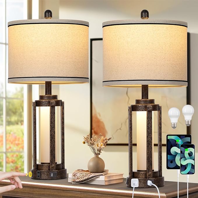26" Farmhouse Table Lamps Set of 2, Vintage Rustic Industrial Beside Lamps with USB A+C Charging Ports & AC Outlet, Nightstand Lamp with Glass Night Light & Linen Fabric Shade for Living Room Bedrooms - LeafyLoom