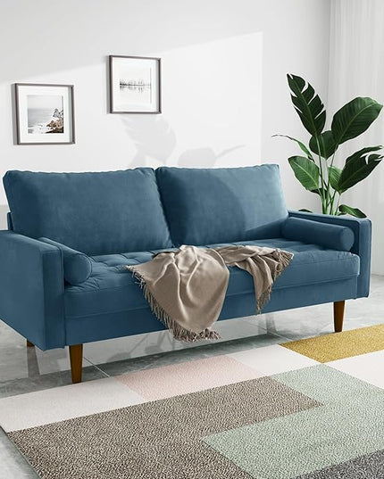 Velvet Furniture for Small Spaces, Mid-Century Modern Loveseats for Living Room, Love Seat Couch Sofas, 70 Inches, Prussian Blue - LeafyLoom