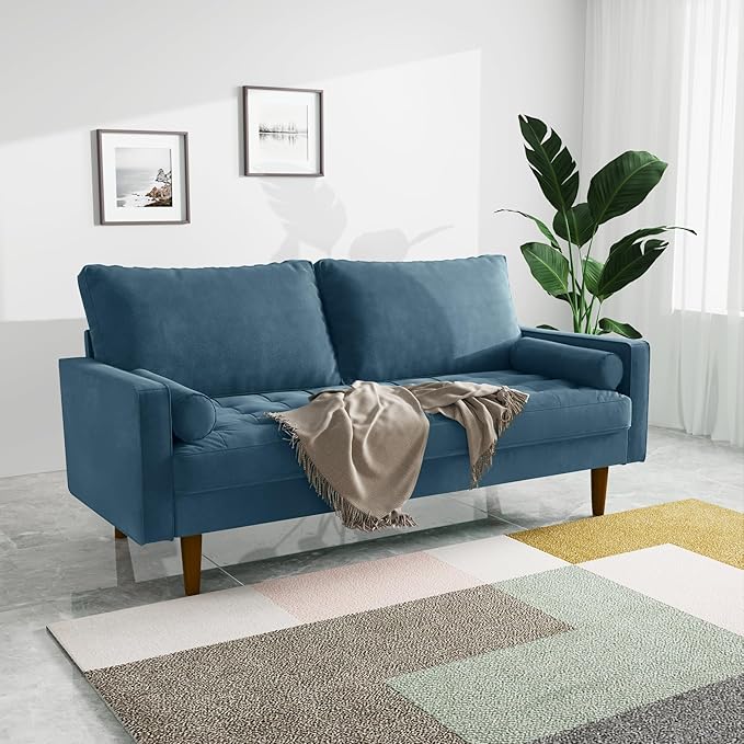 Velvet Furniture for Small Spaces, Mid-Century Modern Loveseats for Living Room, Love Seat Couch Sofas, 70 Inches, Prussian Blue - LeafyLoom