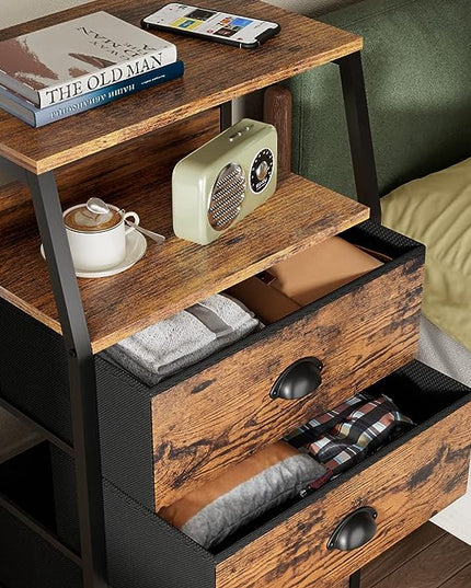 Furnulem Nightstand with 3 Drawers and 2-Tier Shelf, Fabric Small Dresser Organizer Vertical Storage Tower for Bedroom, Closet, Hallway, Nursery, End Table Side Furniture, Sturdy Steel Frame, Wood Top - LeafyLoom